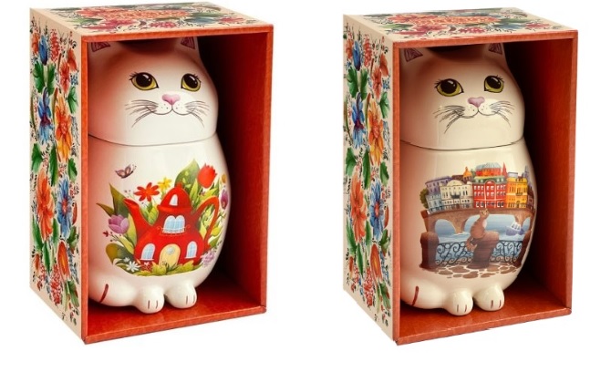 Keramikas tējkanna - Kaķis, Krāsaina pilsēta/Smieklīga tējkanna/Lavandas pušķis